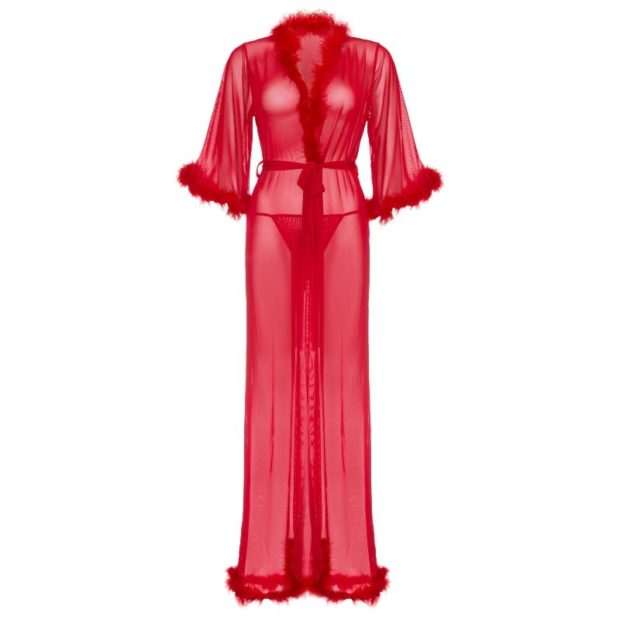 Peignoir transparente con borde de Marabú, lazo y tanga a juego
