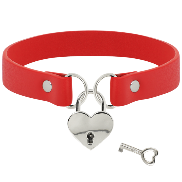 COLLAR CUERO VEGANO ROJO ACCESORIO CORAZÓN CON LLAVE